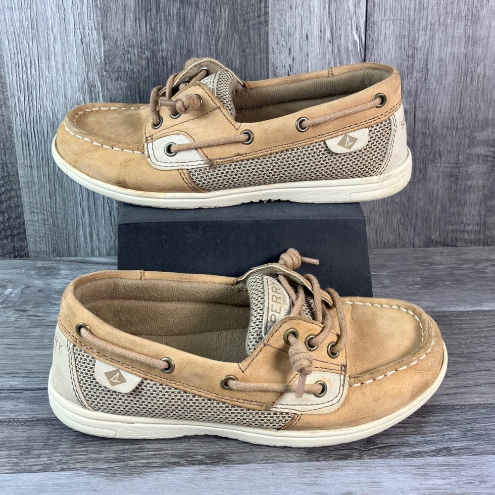 Sperry Top-Sider Shoresider 3 Eye Tan Leather Mesh Boat Shoes YG57681A Kids 13.5